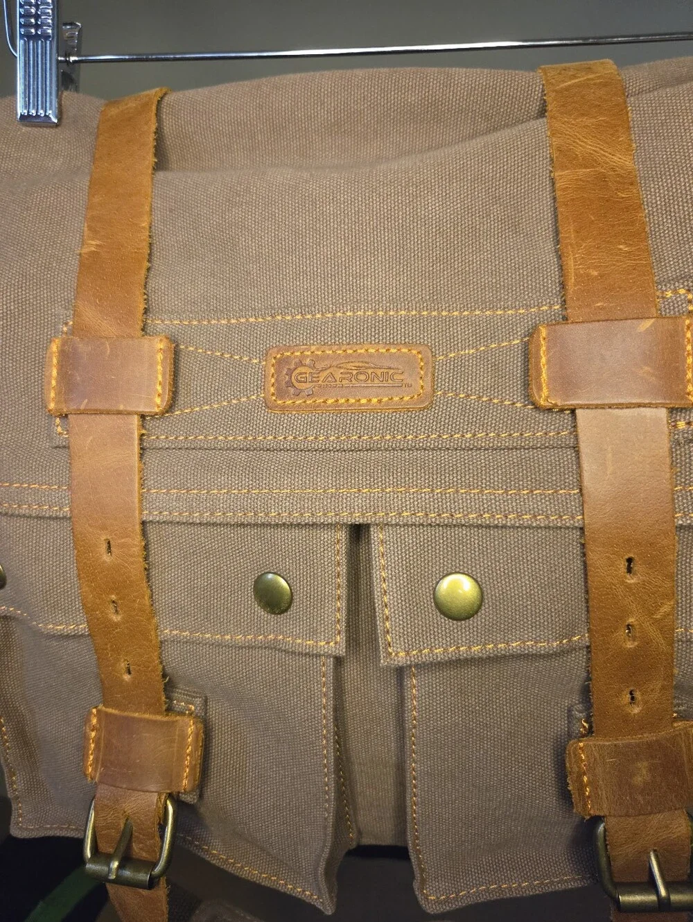 Gearonic Canvas Messenger Bag in Brown with Leather Straps 15
